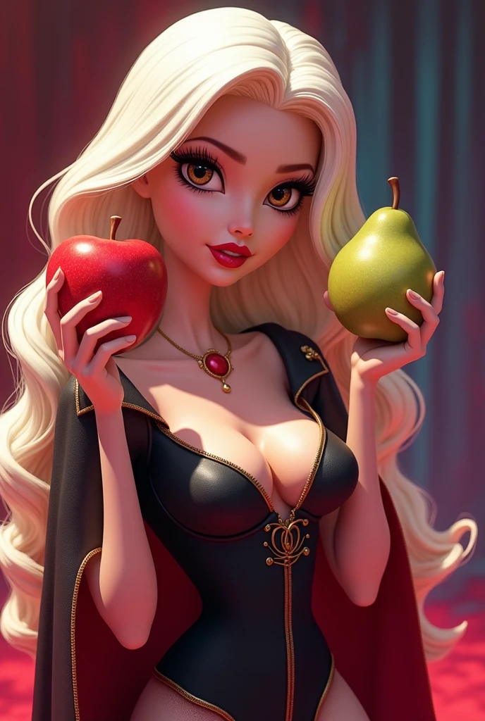 Barbie style cartoon, Eva Del Eden,SEX,intimidating look with brown eyes and white hair reaching to the shoulders, Photo pose with an apple and a pear representing the fruit of good and evil with seductive eyes about to bite the forbidden fruit 