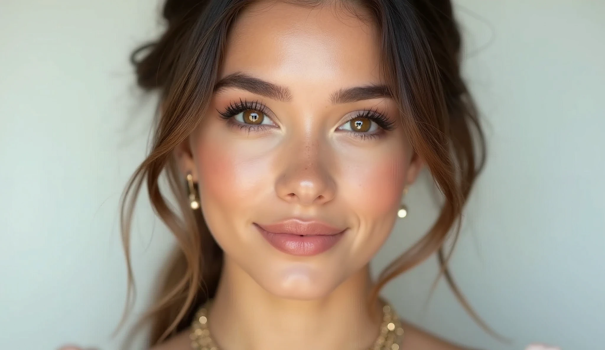 A professional retouched ID photo of a 20-year-old young lady with big bright eyes, fair skin, high-end makeup, glossy lips, curled eyelashes, vibrant eye details, glowing skin, wearing luxurious clothing and jewelry, smiling softly with bright eyes, even and bright facial lighting, 8k resolution, emotional lighting, extremely detailed, light-colored background with plenty of white space, full body shot from head to shoulders, no close-up shots, top quality and ultra-high definition