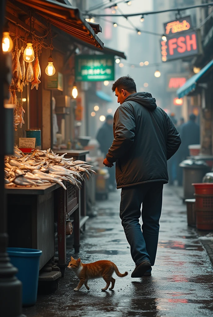 The fish stall owner chases the cat that steals fish