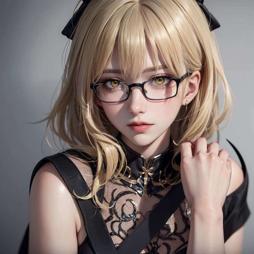 Masterpiece, Best Quality, 8K, Detailed Skin Texture, Detailed Cloth Texture, Beautiful Detail Face, Intricate Detail, Ultra Detailed, Portrait of Rei Ayanami, yellow Eyes, Looking Back, No Background, Her hair is long with yellow and black highlights,wear glasses,black and yellow hair