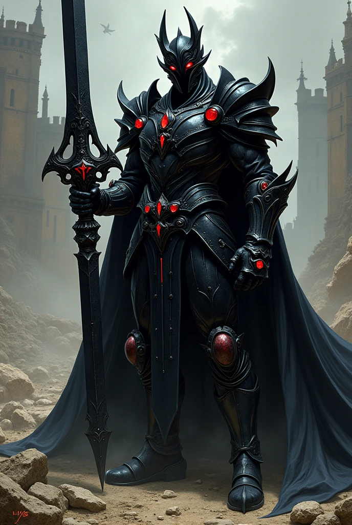 "Yoshitaka Amano's full-body illustration of Valis, the cursed swordsman, in a powerful and imposing stance. Valis is clad in gothic black armor, adorned with blood-red gemstones that glint ominously in the light. He wears a dark, intricately designed helmet that completely covers his face, leaving only his glowing red eyes visible through the narrow slits. The helmet's design is sharp and menacing, with jagged edges that give him a fearsome appearance. In his hand, he grips a massive black sword, which pulses with dark energy. The sword's blade is etched with ancient runes, and it seems to hum with power. The background is a desolate battlefield, with shadows and remnants of a once-great castle in the distance, adding to the sense of doom and destruction. The entire scene is captured with an EOS 5D digital SLR camera, highlighting the eerie, otherworldly atmosphere and the dark majesty of Valis."