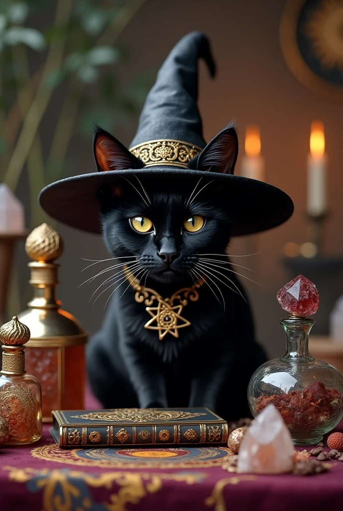 a cute black cat wearing witch'shat, surrounded by crystals and other magical objects, no humans, hat, witch hat, animal, animal focus, black cat, potion, cat, bat (animal), flask, gem, black headwear, ultra-realistic, 8k,ultra-realistic, hyper-detailed, 32k uhd, (Background is Luxury witches room and magic room) Magic Items, Magic Bottle, Large Magic Bottles, Elven Magic Bottle, Fairy Magic Bottle, hexagram, Crystal Magic, magic books wiccan, Luxury hexagram necklace, luxurious witch necklace, very much Witch spices and Magic Spices, (big hexagram closed books at the table Before photen by cate)