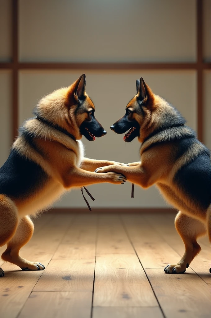 A kai ken facing a german shepherd in a martial arts showdown.