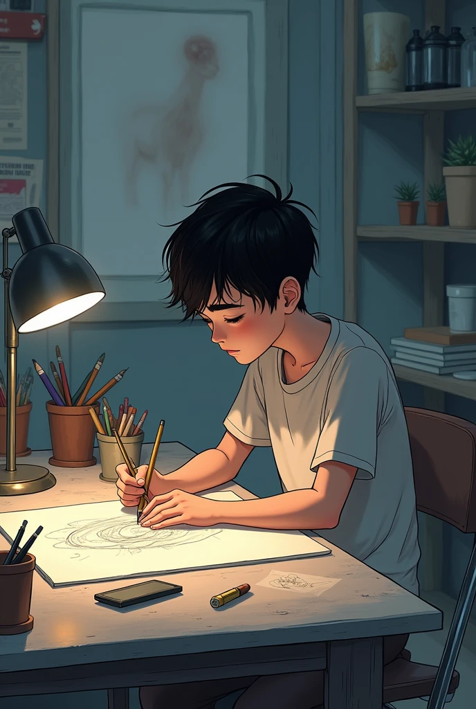 gojo anime are make drawing on tabel in art studeo 18 years old and boy in dipreshan in shirt