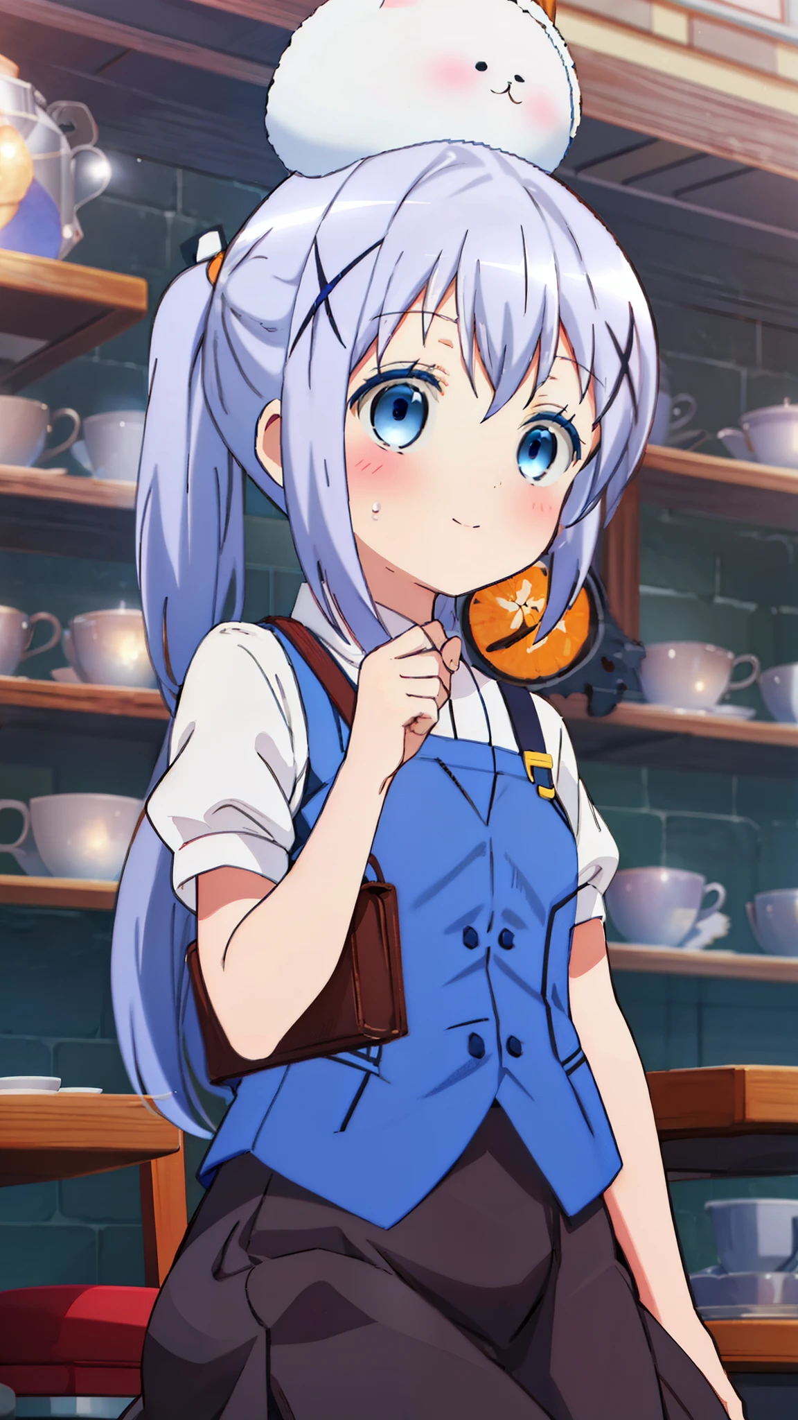 Chino Kafuu,Short-sleeved uniform,Coffee shop,Navy Blue Skirt,White socks,Good looking girl (blush, Perfect Face), independent , Looking at the camera, masterpiece, evening,evening,Orange sky,Anime art style, Cute Characters, Most detailed, high quality、Nico Nico Smile、There are highlights in the eyes、The whole body is visible,long blue hair,blue eye