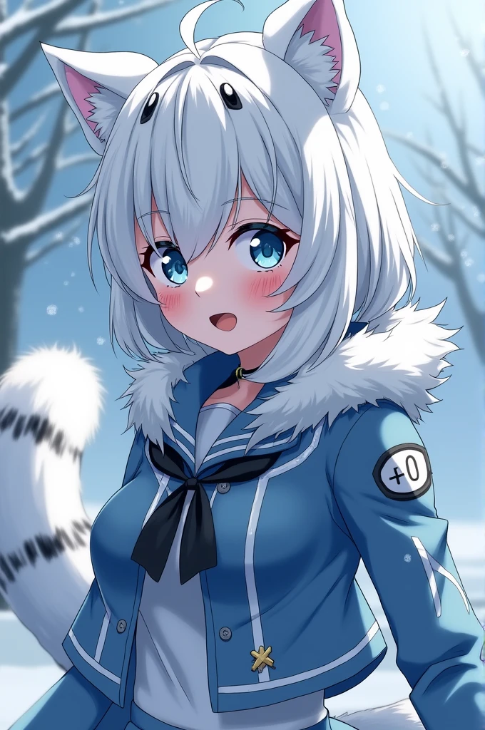 My hero academia wallpaper, A girl with white hair, wolf style, snow leopard ears, snow leopard tail, ice blue eyes, He is wearing the UA uniform and is talking to Mirio Togata.
