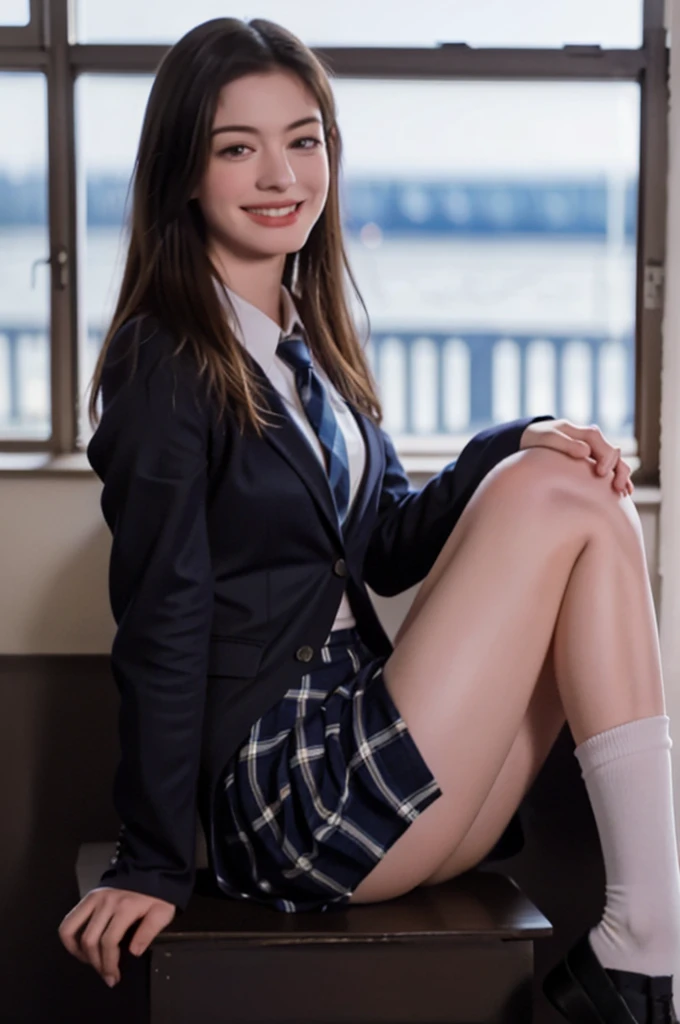 Girl sitting in a school classroom,Blue tie uniform,Dark Blue Blazer,Blue plaid skirt,18-year-old,bangs,Smile a little,Thighs,knees,From below, Navy blue knee socks, Long Hair, Black Hair, Highest quality, masterpiece, High resolution, Ultra high definition, 