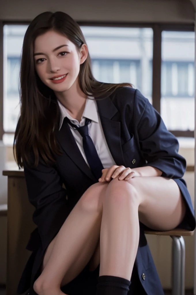 Girl sitting in a school classroom,Blue tie uniform,Dark Blue Blazer,Blue plaid skirt,18-year-old,bangs,Smile a little,Thighs,knees,From below, Navy blue knee socks, Long Hair, Black Hair, Highest quality, masterpiece, High resolution, Ultra high definition, 