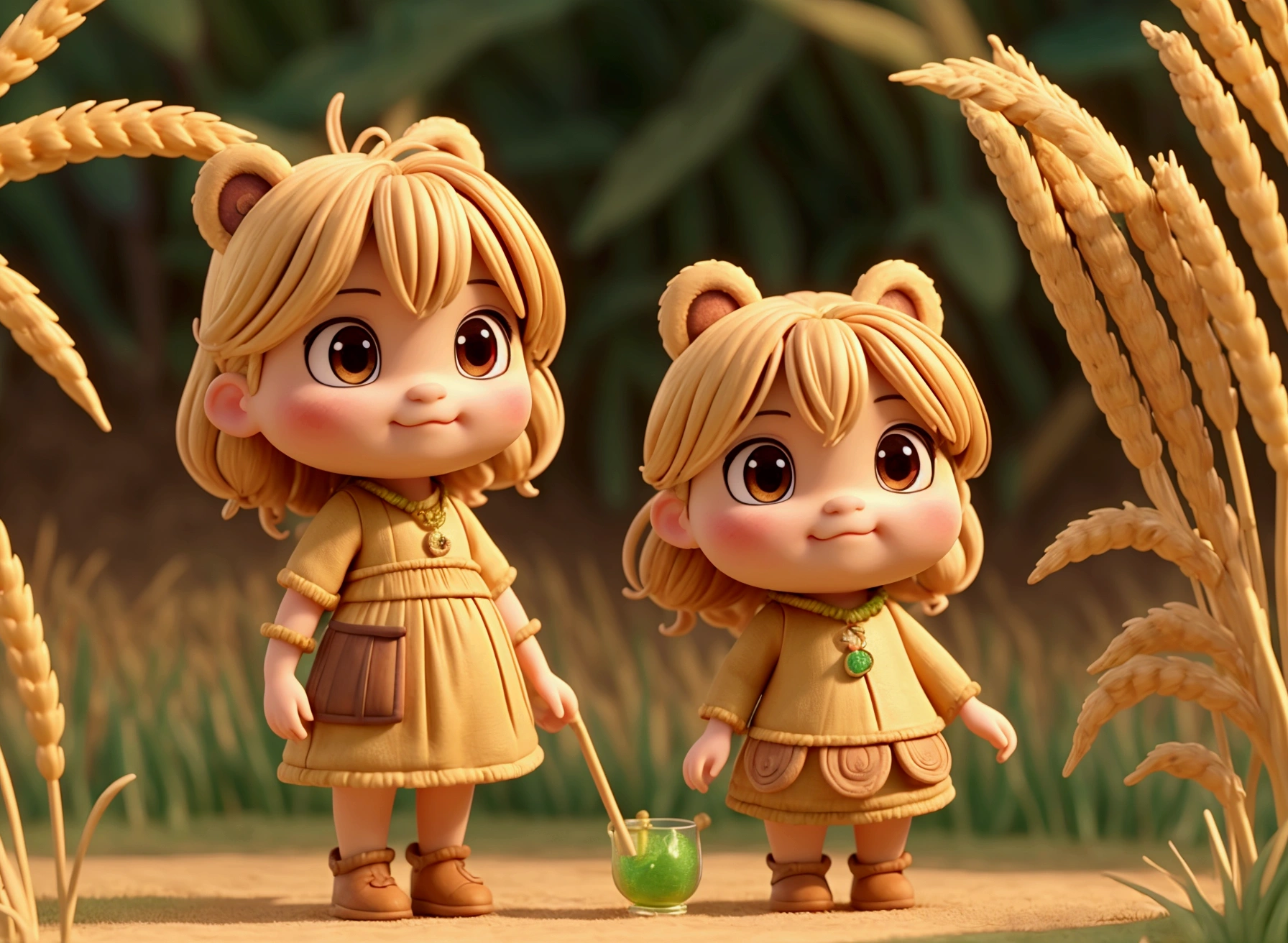 Top image quality、"A masterpiece of creating cute creatures. （Brown Bear）, High Detail, 8k、Top image quality、Soft golden hair，Dressed as a jungle warrior from Borneo、Wearing a hop chain around the neck、A hand holding a wheat spear、The other hand holds a glass of craft beer、The background is a wheat field