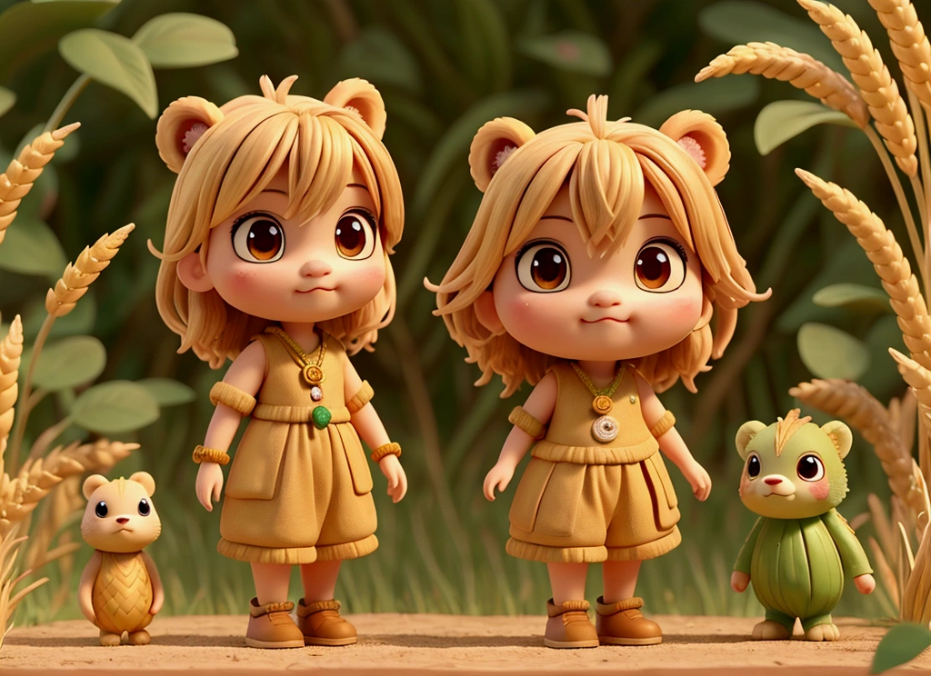 Top image quality、"A masterpiece of creating cute creatures. (Brown Bear), High Detail, 8k、Top image quality、Soft golden hair,Dressed as a jungle warrior from Borneo、Wearing a hop chain around the neck、A hand holding a wheat spear、The other hand holds a glass of craft beer、The background is a wheat field