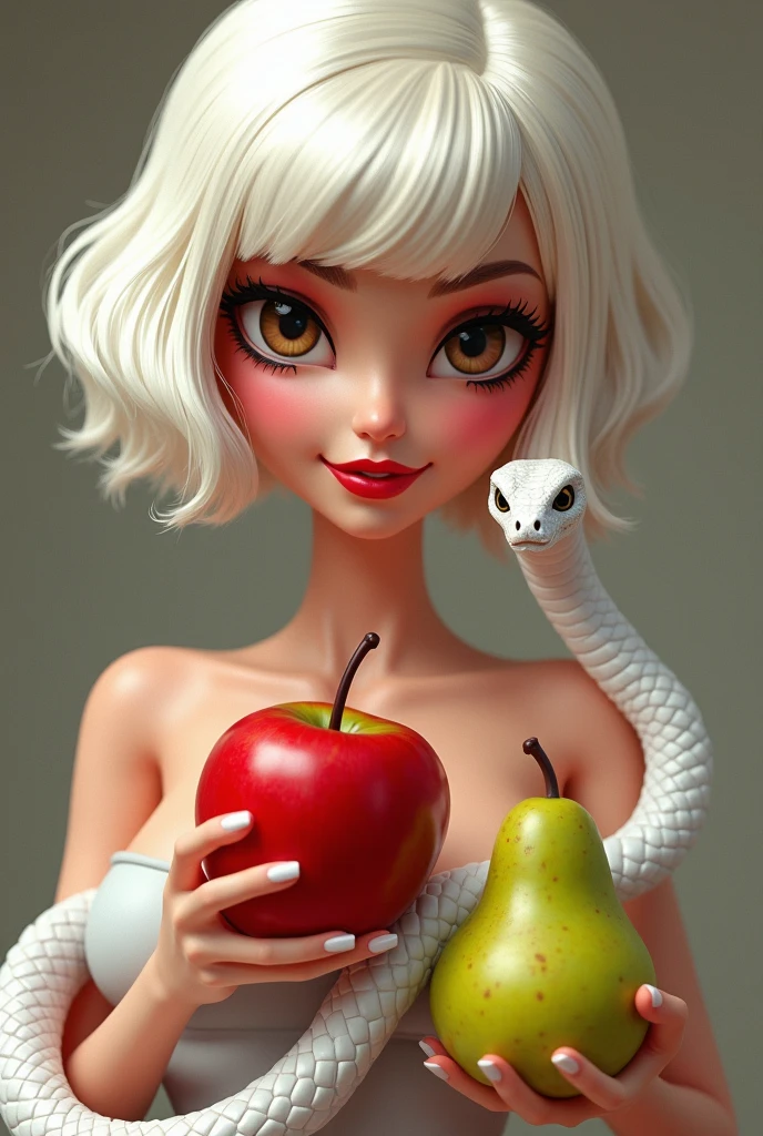 Barbie style cartoon, Eva Del Eden,SEX,intimidating look of brown eyes short white hair photo pose with an apple and a pear representing the fruit of good and evil with seductive eyes about to bite the forbidden fruit and a white snake