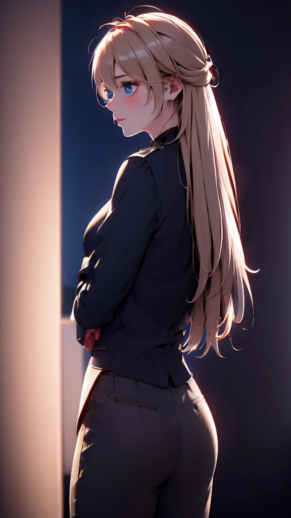 1 Girl, medium light gold hair, light blue eyes, wearing Black Suit 4D , night club TOWN 18+, high res, ultrasharp, 8K, masterpiece, looking from behind