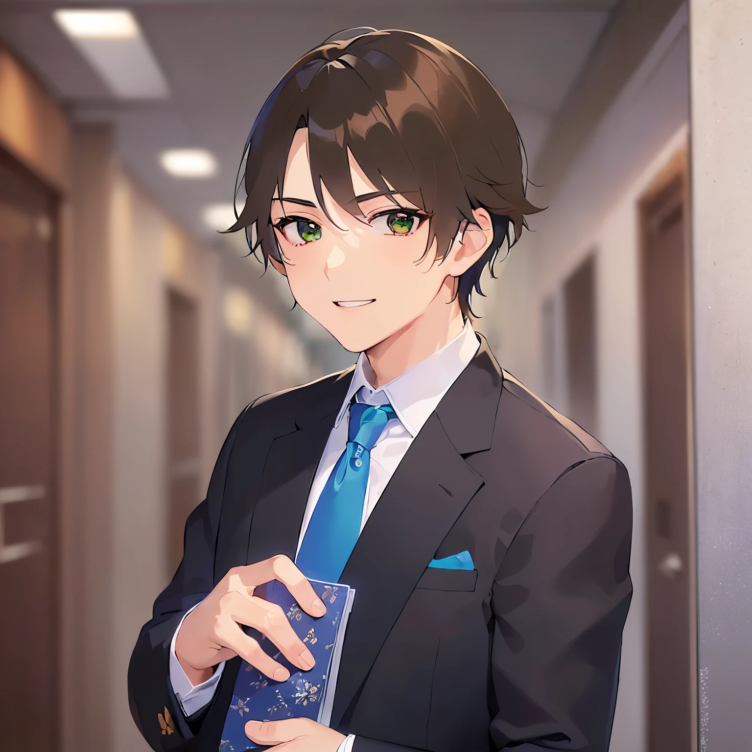 holding a smallbox, upper body、shiny skin, masterpiece、Highest quality、(25-year-old male:1.5) and (Brown short hair) and (green eyes), BREAK (suit:1.5) and (Blue tie) BREAK 立っている、smile、The background is a company corridor、(Alone:1.5)、Upper body is shown