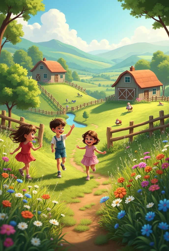 Nature farm with kids playing