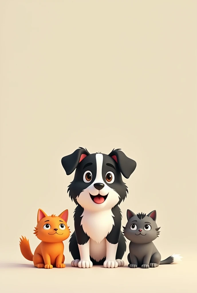 A little orange cat , a gray cat and a black and white border collie dog larger than the 2 cats with a simple 2D animation , that they are stuck facing forward