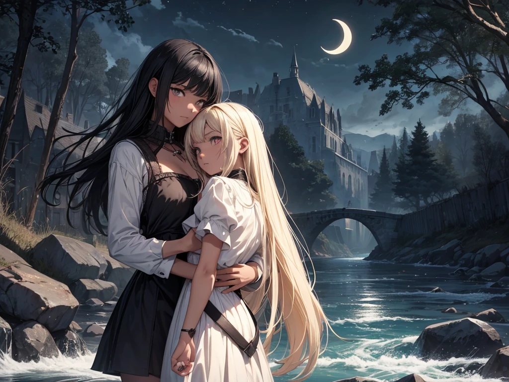 A black hair girl tries to run away with an injured blonde girl in her arms, a dark medieval atmosphere, a river, a crescent moon