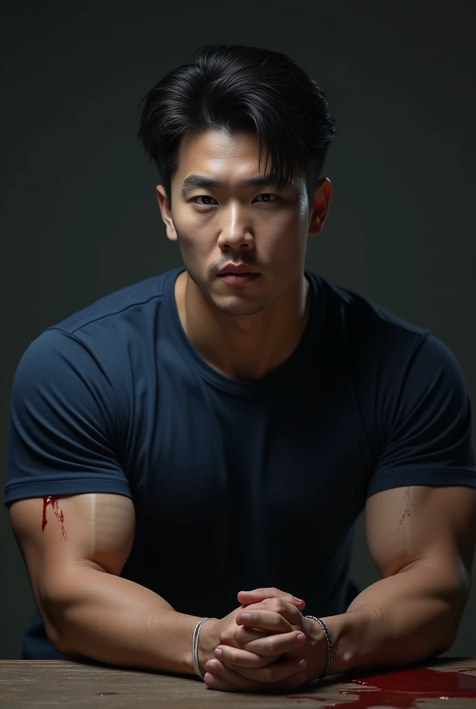 (Create a masterpiece), (CGI art),(realistic), (Sharp focus),  korean men 1 คนบาดเจ็บโดนจับมัด, (Wear a navy tight T-shirt.:1.3), jeans, korean men, chest muscles, large arm muscles, blood vessel, big muscles, Broad shoulders, looking at the audience, Balancing eye contact), (Big bulge: 1.4), (Torn shirt: 1.5), (Torn shirtวิ้น: 1.6), (Close your eyes..), (smile: 1.3), (Blood stains.: 1.2) ,Sitting on a table in a dark prison ,chip, His arms were tied with rope.., Hands crossed behind your back..,((Torn injection shirt)), ((Torn shirt)), , Abrasions on the body... ,Abrasions,( blood splatter), Abrasions on the face , dark cave