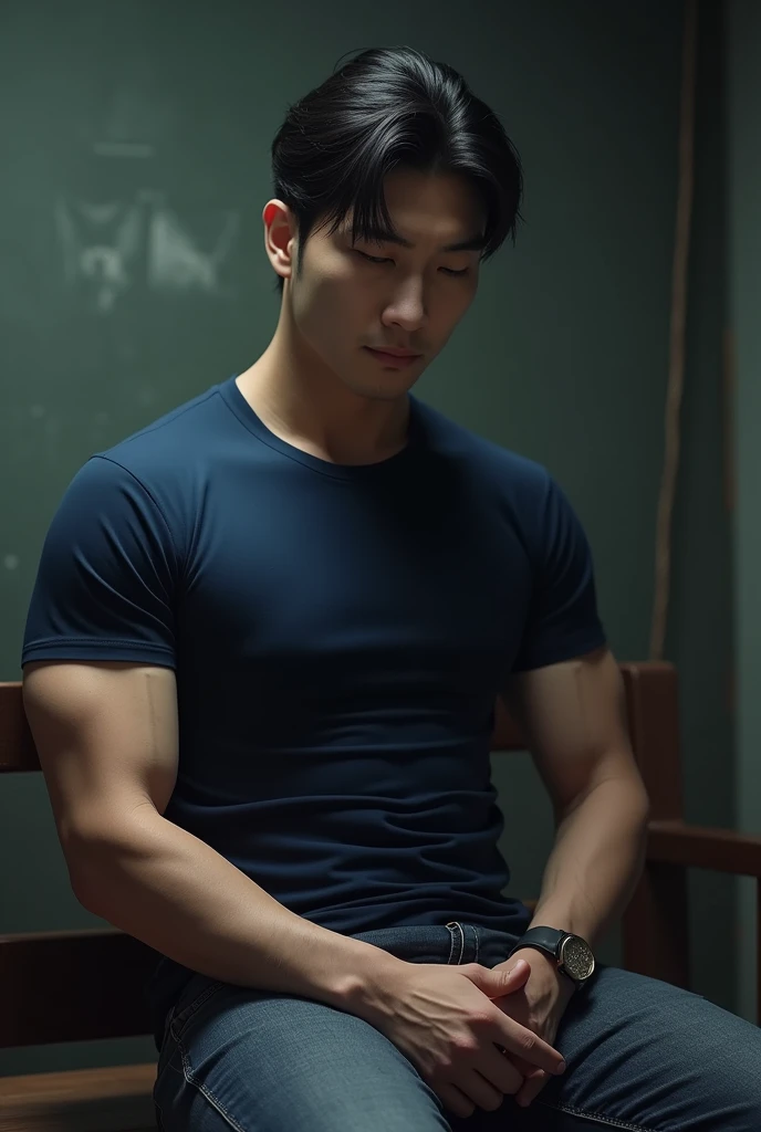 (Create a masterpiece), (CGI art),(realistic), (Sharp focus),  korean men 1 คนบาดเจ็บโดนจับมัด, (Wear a navy tight T-shirt.:1.3), jeans, korean men, chest muscles, large arm muscles, blood vessel, big muscles, Broad shoulders, looking at the audience, Balancing eye contact), (Big bulge: 1.4), (Torn shirt: 1.5), (Torn shirtวิ้น: 1.6), (Close your eyes..), (smile: 1.3), (Blood stains.: 1.2) ,Sitting on a table in a dark prison ,chip, His arms were tied with rope.., Hands crossed behind your back..,((Torn injection shirt)), ((Torn shirt)), , Abrasions on the body... ,Abrasions,( blood splatter), Abrasions on the face , dark cave