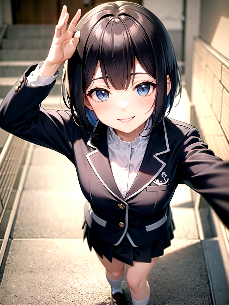 Blue short bob high school girl、Blue eyes、Sailor suit、blazer、School stairs、Getting off、smile
