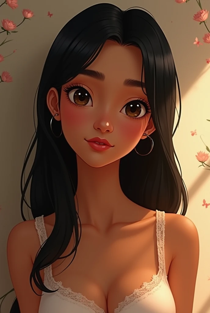 Image in Disney AI beautiful girl with straight black hair wearing a tank top brown skin and full lips, very small breasts