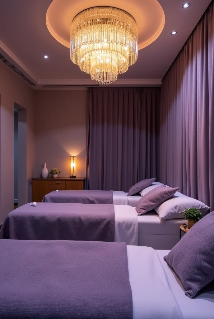 View of the spa treatment room, with 3 spa beds in purple tones, with gray or white accents, and a crystal chandelier with warm yellow light.