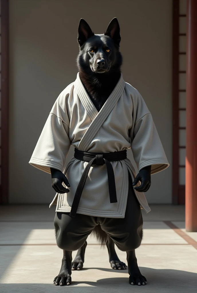 A black kai ken dog in a martial arts outfit
