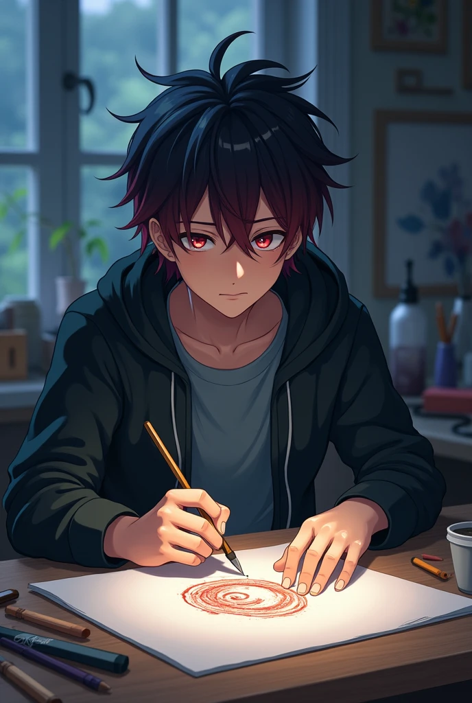 gojo anime are make drawing on tabel in art studeo 18 years old  and boy in dipreshan in Shirt