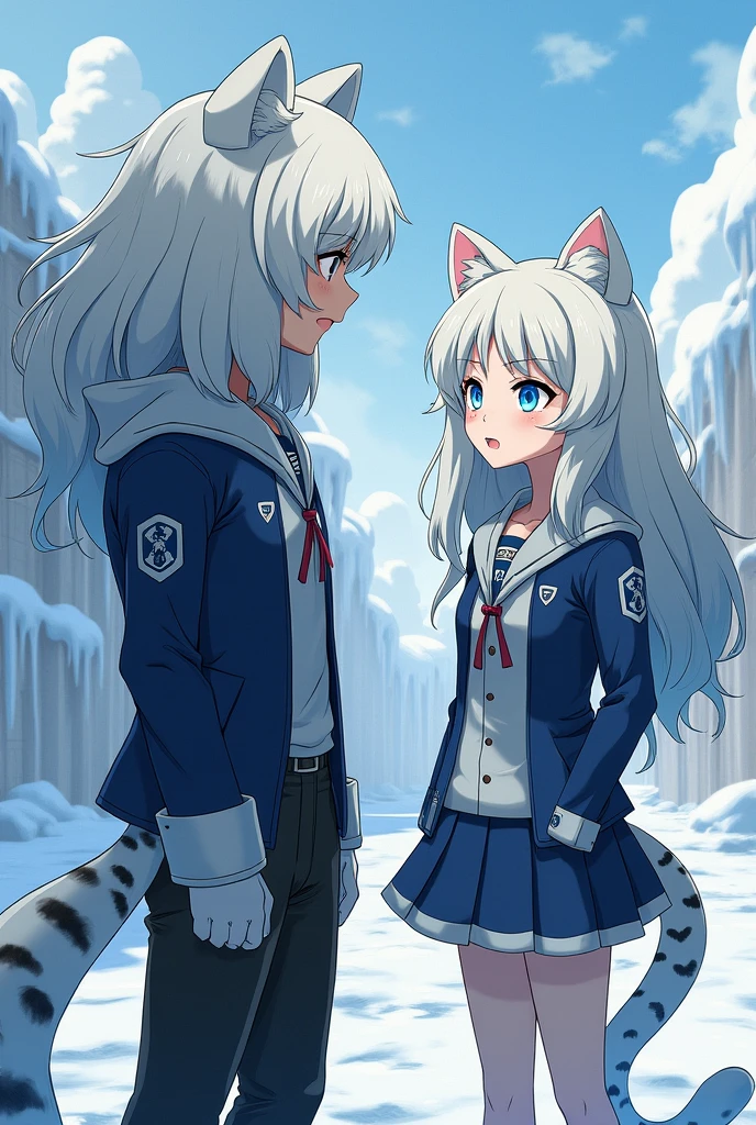 My hero academia wallpaper, A girl with white hair, wolf style, snow leopard ears, snow leopard tail, ice blue eyes, He is wearing the UA uniform and is talking to Mirio Togata.