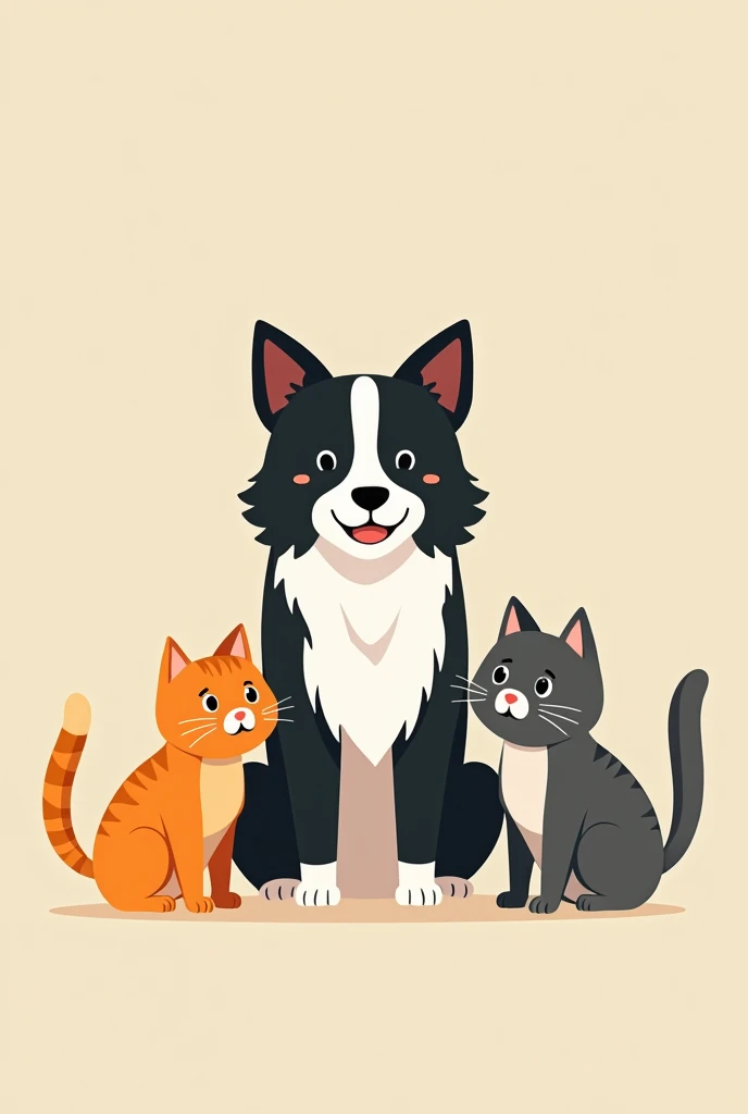 A little orange cat , a gray cat and a black and white border collie dog larger than the 2 cats with a simple 2D animation , that they are stuck facing forward 

