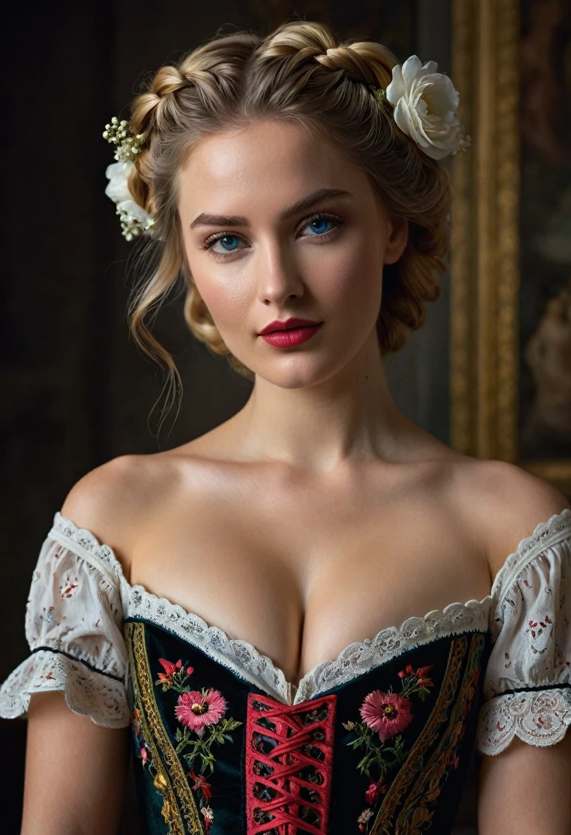 A young woman in the prime of her beauty, her visage suffused with the timeless allure of a Renaissance muse. She stands confidently in a darkened chamber, the dramatic chiaroscuro lighting casting deep shadows that dance across her bare, alabaster skin. Her golden hair is meticulously woven into an elegant French braid that cascades down her back, while a vibrant bollenhut, a traditional German headdress, sits atop her head, adorned with intricate floral embroidery. Her eyes sparkle with mischief as she winks with one cerulean eye, the other hidden beneath a playful sweep of long lashes. A crimson smear of lipstick graces her full, inviting lips, matching the rich tones of the dirndl that wraps snugly around her waist, revealing her all-natural, unblemished breasts that rest gently against the fabric. The garment's folds and patterns are rendered with such hyper-detail that each thread seems to leap from the canvas, a testament to the artist's mastery. The background is a velvety black, allowing her radiant features and the crimson accents of her outfit to pop with vibrancy. The 8k resolution captures every nuance of her form, from the soft curve of her neck to the delicate arch of her foot, while the HDR enhances the depth and realism of the scene. This full-body portrait is a modern reimagining of classical art, suffused with a sense of eroticism that whispers of the painter's admiration for the female form. Her posture and expression are coy yet assertive, beckoning the viewer to join in her silent flirtation. The photorealistic style blurs the line between reality and art, ensnaring the gaze and inviting contemplation of the timeless beauty and seductive power that she embodies.