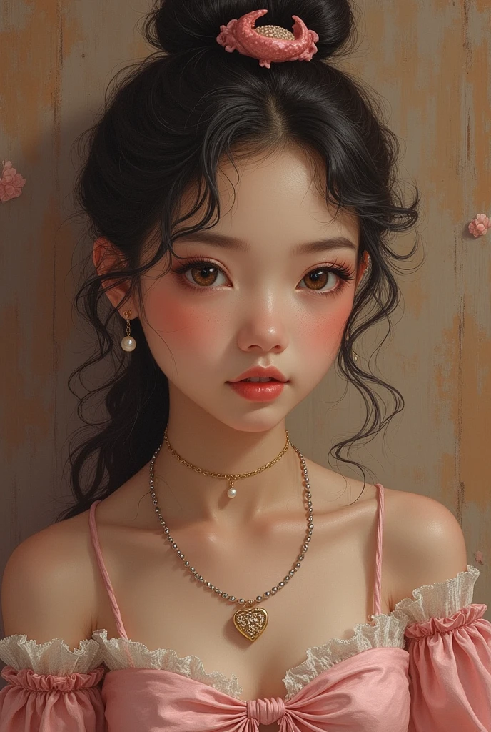 A portrait of a beautiful confident korean young woman with a suttle smile wearing a pink crop top with her hair in two messy space buns with a brown bandana.she is wearing suttle makeup ,dainty gold jewelry ,acrylic painting style. The painting should be vibrant colors,The background is a mottled gradient with grey poppies outlined in gold