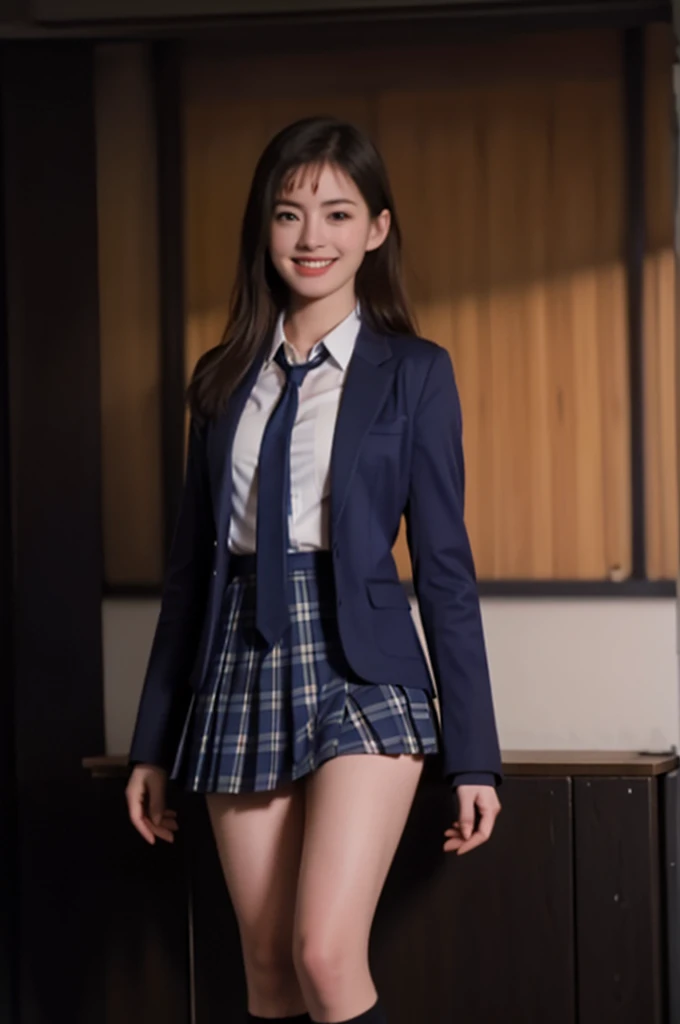 Girl standing in a school classroom,Blue tie uniform,Dark Blue Blazer,Blue plaid skirt,18-year-old,bangs,Smile a little,Thighs,knees,From below, Navy blue knee socks, Long Hair, Black Hair, Highest quality, masterpiece, High resolution, Ultra high definition, 