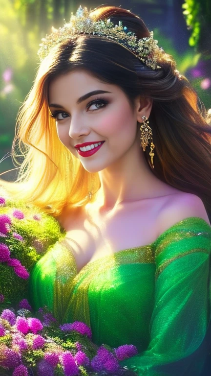 (a beautiful woman in a stunning gown of flowing silk with a radiant smile and captivating eyes),vibrant colors,highres,ultra-detailed,sharp focus,soft lighting,realistic,fantasy-inspired,portraits,subtle color palette,ethereal glow,fairytale,graceful,pastel shades,enchanted garden,lovely flowers,twinkling lights,whimsical ambiance