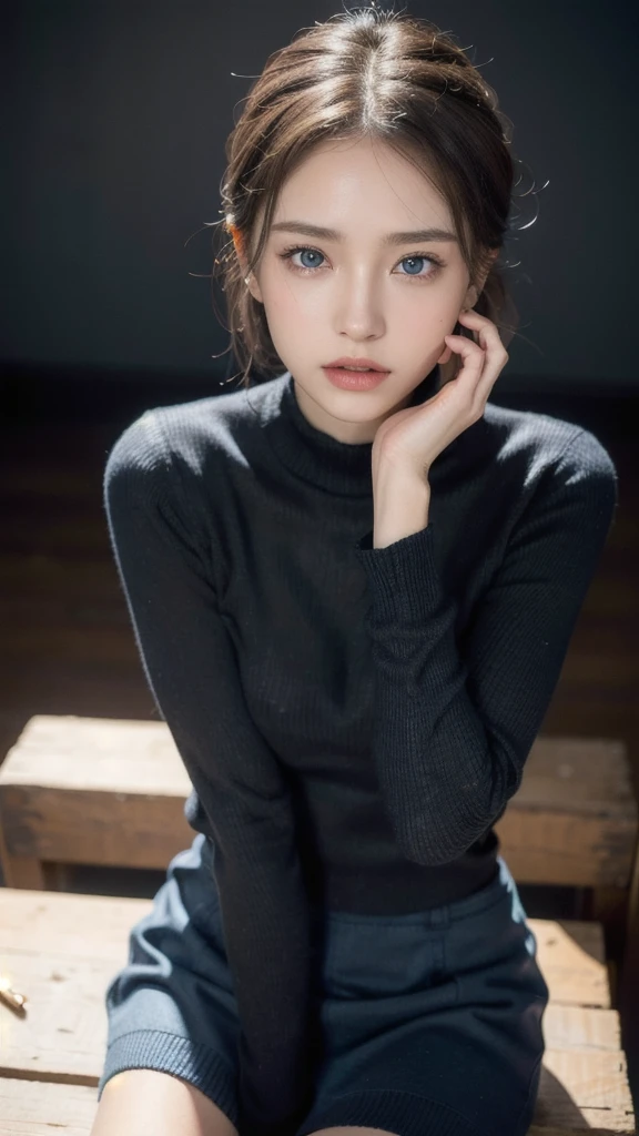 One girl, Slim face, Piercing blue eyes, Brunette, Tie your hair up, thin:1.3, body, Wearing a thin knit sweater, Dark colored high-length short skirt, Put your hands on your knees, View your viewers, (Eye-level shot, Cowboy Shot),
break
(Highest quality:1.3, masterpiece:1.3), (Realistic, photo Realistic:1.2), High resolution, 超High resolution, 8k, (Realistic skin, Smooth, lustrous skin), (Normal expression, Perfect Anatomy),