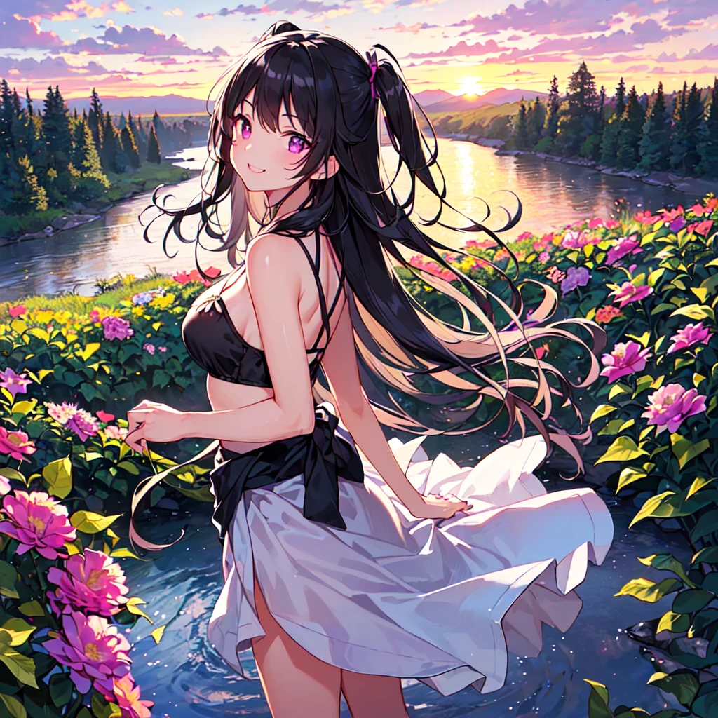 masterpiece, best quality, high quality, extremely detailed, very delicate and beautiful, (1 female 18 years old solo:1.5), (long black hair up to waist with two side up:1.5), bangs to eyebrows, eyes (eyes sharp, strong, glossy, glossy eyebrows), (eye color magenta:1.3), 6.5 head height, (bikini swimsuit summer flower print:1.3), ruffled, (smiling), (standing:1.3), (dynamic pose), (background waterfall forest:1.3) ,(sunset:1.3)