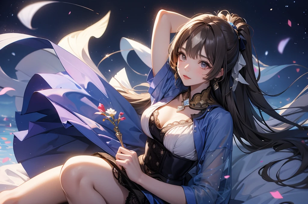 One beautiful girl、Crying Mole、Mole on the mouth、Gummy Smile、Hands behind your head、Prone、Beautiful breasts、Dark blue negligee、Black Hair、High ponytail、dusk、super high quality、Final Resolution、Best assembly、Correct body structure、High angle、From the knee up
