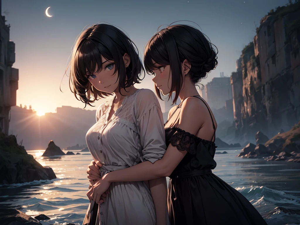 A black hair girl tries to run away with an injured blonde short hair girl in her arms, a dark medieval atmosphere, a river, a crescent moon, perfect body, perfect hands