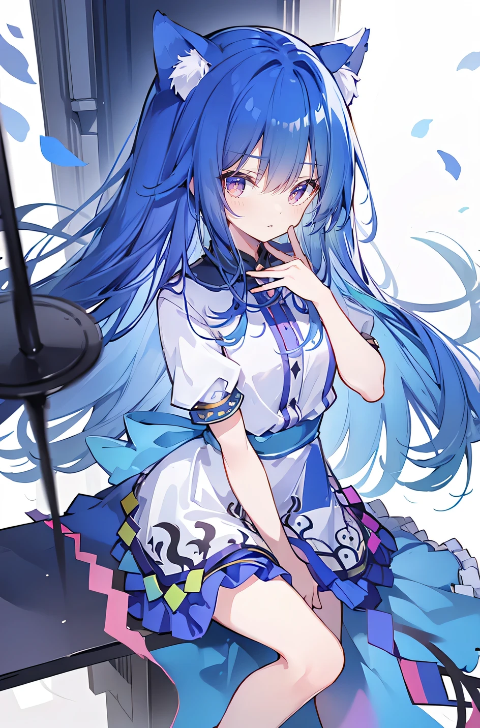 (masterpiece:1.2),Extremely detailed,Practical,expressive eyes,Fair skin,Perfect face shaping,1 Girl,
Japanese cartoons,Gorgeous blue hair, the long flowing blue hair,Floating clothes,Cat ears,Petals fall,beautiful lola,Young Angel,
Place your hands on your waist,sit elegantly on the ground,Cross your legs,Gentle and peaceful background,church,nun，Place your hand on your lips，Shy face。