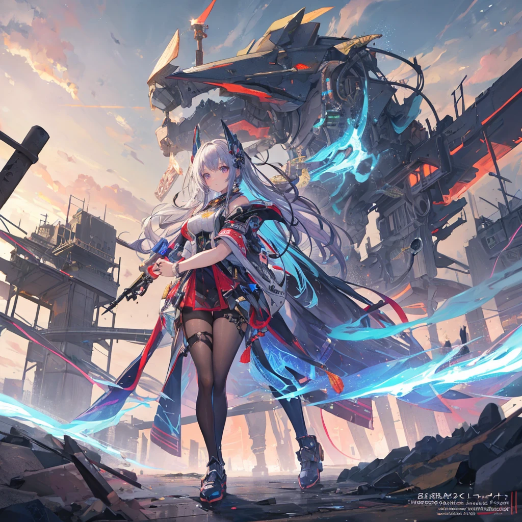 ((masterpiece, best quality)),illustration,Super Fine 8k,Reality,Clear focus,Very detailed,Professional lighting,Colorful Detailed,Extremely long shot of the rainbow-colored BREAK factory,Large machinery construction,Microchip,,Luminescence,Intricate details,Shitu-mecha,1 girl standing in front of the audience,Umbilical cord