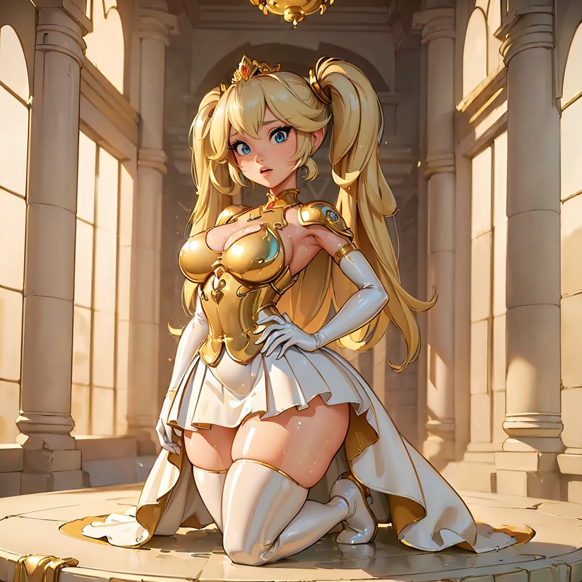 (comely, (Masterpiece artwork: 1.2), (best qualityer: 1.2), perfect lighting, Jadepunk, Asiatic woman, marble body, white and gold, robotical,((Masterpiece artwork)), (best qualityer), (detailded), (1ガール), thicc thighs, breasts big, Tecwear, overskirt, twin tails