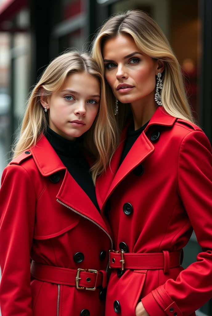 Heidi Klum With her 16 Old doughter in red Trenchcoat, Boots, ear rings and gloves