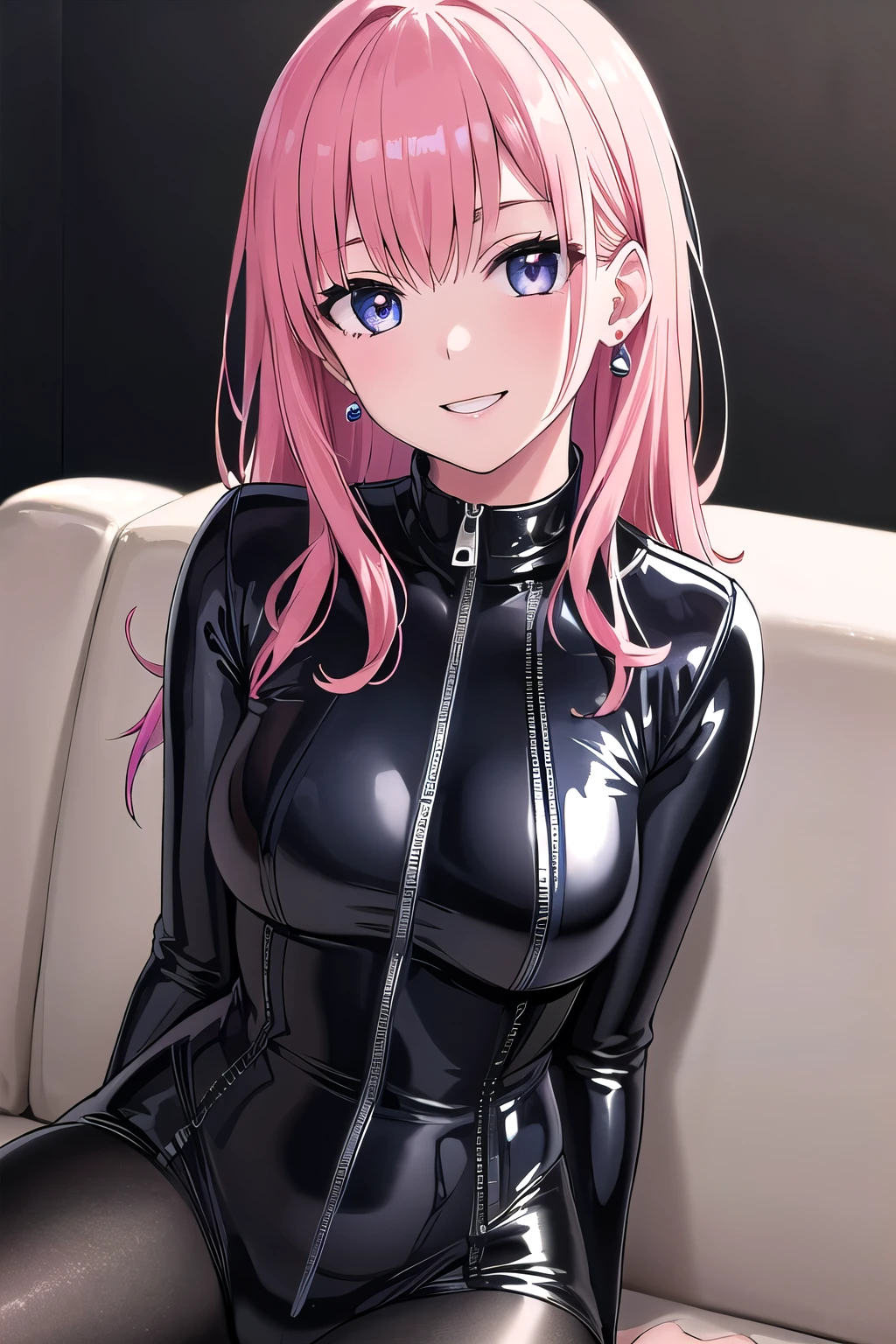 (8K, top-quality, masterpiece:1.2), ( Super Detail), (One girl), (Highly detailed), (beautifully detailed eyes), (of the highest quality), (super detailed ), (masterpiece), (Detailed face), ((pink hair,long hair)), medium breasts, clothed, Perfect Lighting, BREAK, (black glossy bodysuit:1.3), high neck with a full zipper, (glossy fabric:1.1), (black tights:1.2), matte finish, (thigh-high boots:1.1), sleek and slim, (silvery earrings:1.1) with a touch of sparkle, glossy makeup, sleek hair, fitted and sexy silhouette, stylish and modern look, BRAKE, (upper body and thighs:1.1), (smile:1.1), (face turned slightly:1.1), (sitting with legs spread:1.2), on a sofa, (white background:1.1), (dramatic lighting:1.1), BRAKE