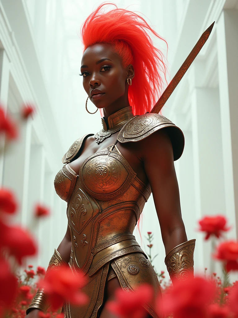 An Amazon posing with confidence and courage. Hair: She has a very long neon wavy fade mohawk. Body: the breasts are tiny and small, wide hips are voluptuous and very strong trapezoidal and toned. The waist is tiny zero. Her body is voluptuous and delicate and Womanly. She has an immensely full round and protruding buttocks glutes. Face: like Angela Bassett. Clothes: Amazon armoured suit. The armor is bright metallic with flowers and intricate details. She has a long sword and a shield with relief symbol. Image style and definition: (ultra realistic photo, feminine figure, portraits, 8 K, Womancore, Reductionist form, DSLR, mujercore.) Background: white room. Highlight the detailed skin texture, body contours, and realistic lighting effects to achieve a high level of visual fidelity. , jaw-dropping body, The overall ambiance is professional, chic, and reflects her expertise as an instructor. facing the camera directly. Bold with text discussion wish your link Download. emphasizing its detailed design. high quality, The composition is further enhanced by the dreamy and ethereal effect of blurred red flowers in the foreground. The overall atmosphere combines mystery and sensuality. Photo taken extremely low down by J Alex Photos
