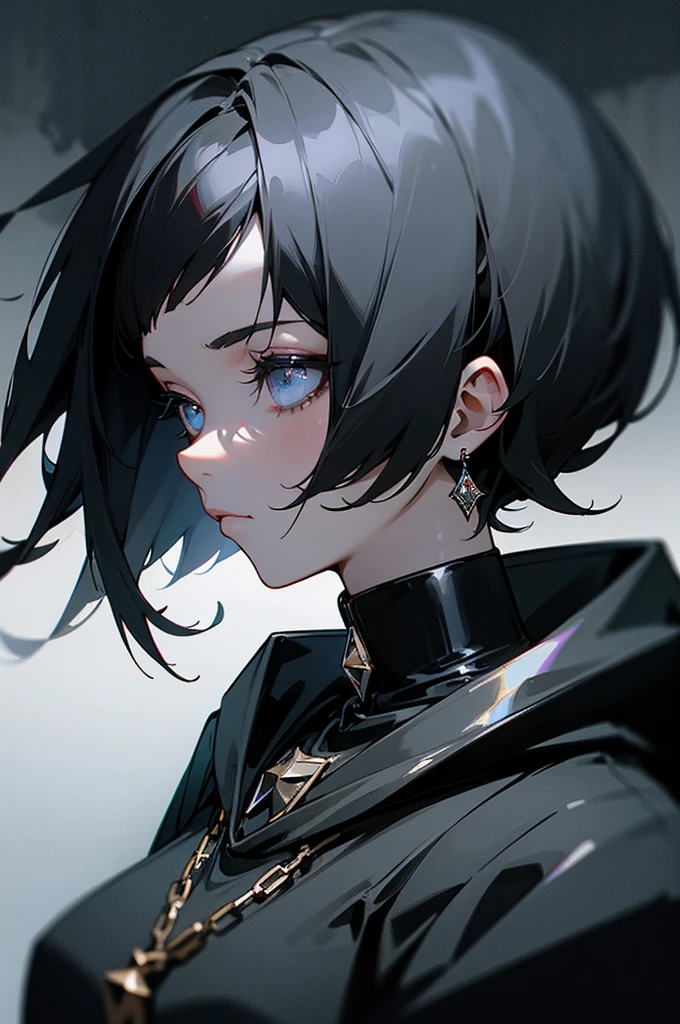 1girl, short black hair, dark fashion outfit, shiny diamond chains, grunge hoodie, contemplative, atmospheric, ethereal, dark scenery, empty room, artwork, cover art, close up, head shot