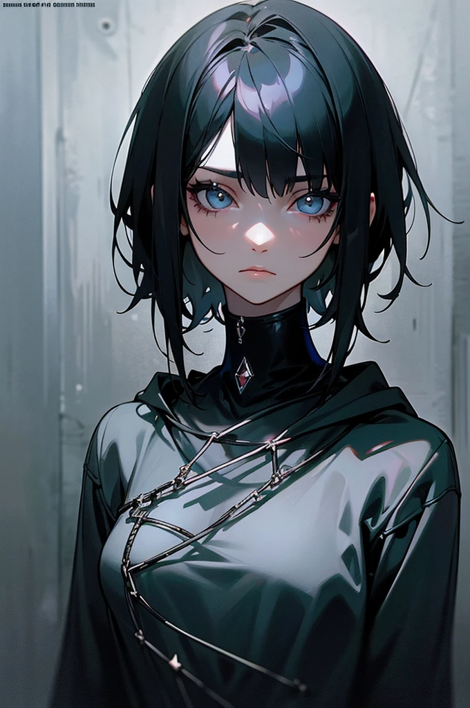  1girl, short black hair, dark fashion outfit, shiny diamond chains, grunge hoodie, contemplative, atmospheric, ethereal, dark scenery, empty room, artwork, cover art, close up, head shot 