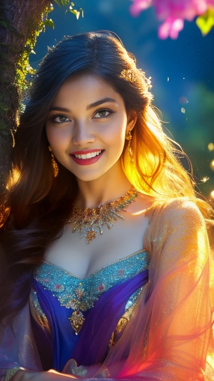 (a beautiful woman in a stunning gown of flowing silk with a radiant smile and captivating eyes),vibrant colors,highres,ultra-detailed,sharp focus,soft lighting,realistic,fantasy-inspired,portraits,subtle color palette,ethereal glow,fairytale,graceful,pastel shades,enchanted garden,lovely flowers,twinkling lights,whimsical ambiance