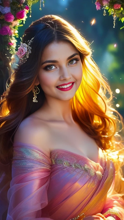 (a beautiful woman in a stunning gown of flowing silk with a radiant smile and captivating eyes),vibrant colors,highres,ultra-detailed,sharp focus,soft lighting,realistic,fantasy-inspired,portraits,subtle color palette,ethereal glow,fairytale,graceful,pastel shades,enchanted garden,lovely flowers,twinkling lights,whimsical ambiance