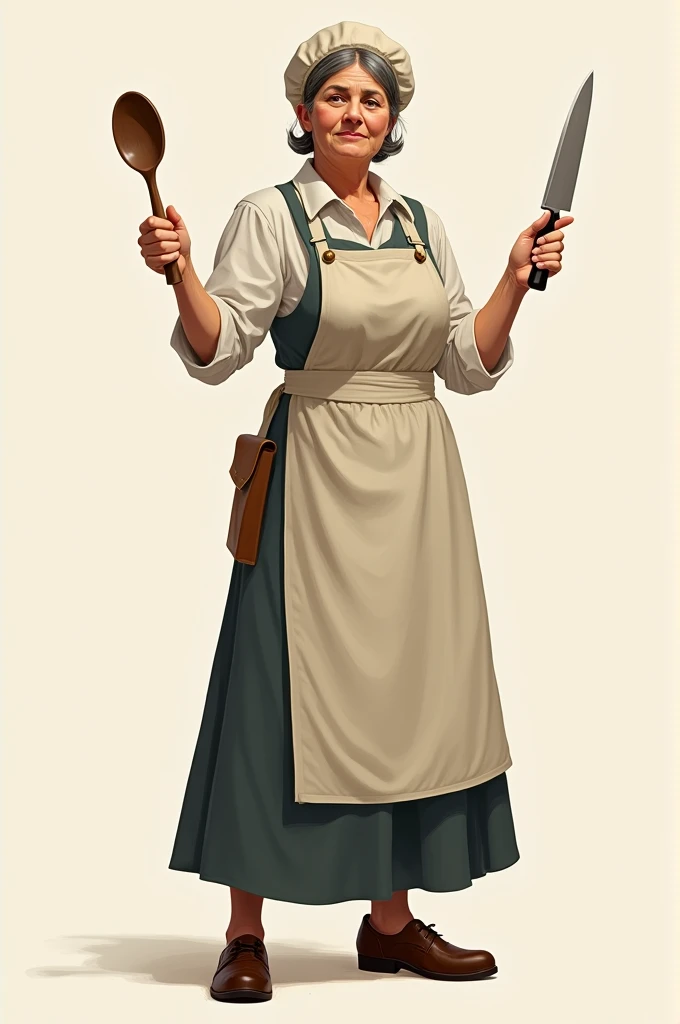 Create a image with mom holding knife and spoon with kitchen dress and cap with no background