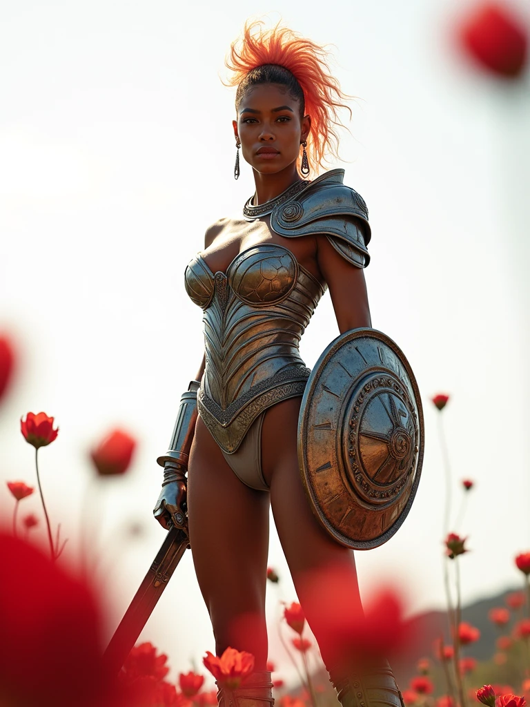 An Amazon posing with confidence and courage. Hair: She has a very long neon wavy fade mohawk. Body: the breasts are tiny and small, wide hips are voluptuous and very strong trapezoidal and toned. The waist is tiny zero. Her body is voluptuous and delicate and Womanly. She has an immensely full round and protruding buttocks glutes. Face: like Angela Bassett. Clothes: Amazon armoured suit. The armor is bright metallic with flowers and intricate details. She has a long sword and a shield with relief symbol. Image style and definition: (ultra realistic photo, feminine figure, portraits, 8 K, Womancore, Reductionist form, DSLR, mujercore.) Background: white room. Highlight the detailed skin texture, body contours, and realistic lighting effects to achieve a high level of visual fidelity. , jaw-dropping body, The overall ambiance is professional, chic, and reflects her expertise as an instructor. facing the camera directly. Bold with text discussion wish your link Download. emphasizing its detailed design. high quality, The composition is further enhanced by the dreamy and ethereal effect of blurred red flowers in the foreground. The overall atmosphere combines mystery and sensuality. Photo taken extremely low down by J Alex Photos