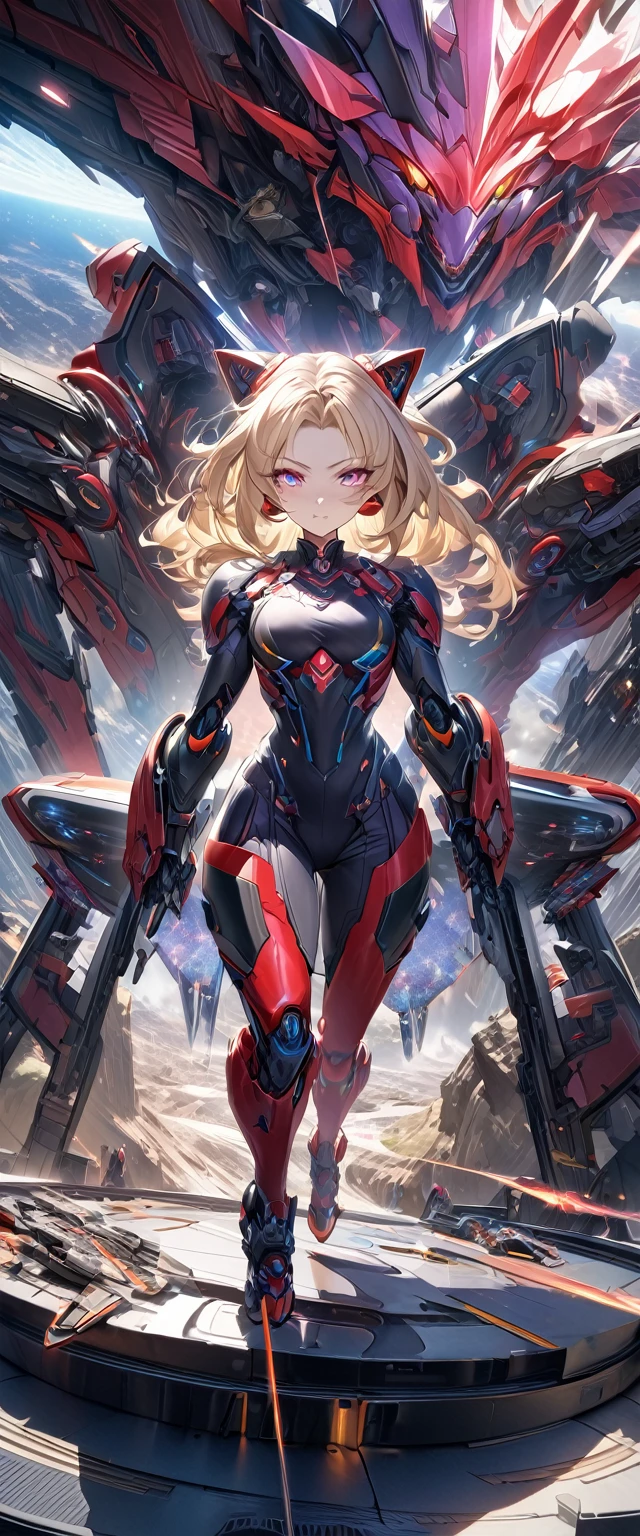 A powerful alien female commander in a dynamic action pose. Tall, athletic build with smooth peach-pink skin. Electric blue cat-like eyes with ruby flecks, angular exotic facial features, and small pointed ears. Long, flowing sandy blonde hair. She wears an intricately crafted exoskeleton battle armor in striking blood red with violet and yellow insignias of the Akun-Satra civilization. The armor highlights both elegance and formidability. Background: futuristic command bridge of a massive spaceship, with holographic displays of star maps and battle plans. Her expression conveys strategic genius and unwavering determination. Hyper-realistic 8K render, incredibly detailed, highlighting her commanding presence and the advanced technology surrounding her.